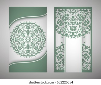 flyer, flyer, cover, pattern mandala. Oriental motif. Hand painted texture background. Set wedding invitations, postcards and business card templates. Decorative card design printing. Vector. EPS 10