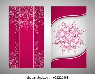 flyer, flyer, cover, pattern mandala. Oriental motif. Hand painted texture background. Set wedding invitations, postcards and business card templates. Decorative card design printing. Vector. EPS 10