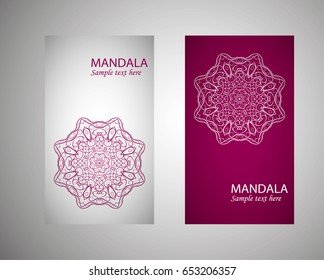 flyer, flyer, cover, pattern mandala. Oriental motif. Hand painted texture background. Set wedding invitations, postcards and business card templates. Decorative card design printing. Vector. EPS 10