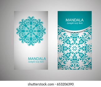 flyer, flyer, cover, pattern mandala. Oriental motif. Hand painted texture background. Set wedding invitations, postcards and business card templates. Decorative card design printing. Vector. EPS 10