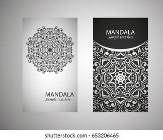 flyer, flyer, cover, pattern mandala. Oriental motif. Hand painted texture background. Set wedding invitations, postcards and business card templates. Decorative card design printing. Vector. EPS 10
