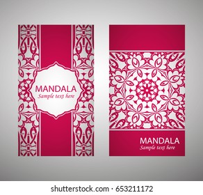 flyer, flyer, cover, pattern mandala. Oriental motif. Hand painted texture background. Set wedding invitations, postcards and business card templates. Decorative card design printing. Vector. EPS 10