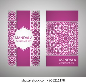 flyer, flyer, cover, pattern mandala. Oriental motif. Hand painted texture background. Set wedding invitations, postcards and business card templates. Decorative card design printing. Vector. EPS 10