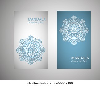 flyer, flyer, cover, pattern mandala. Oriental motif. Hand painted texture background. Set wedding invitations, postcards and business card templates. Decorative card design printing. Vector. EPS 10