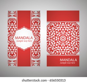 flyer, flyer, cover with pattern mandala. Oriental motif. Hand painted texture background. Set wedding invitations, postcards and business card templates. Decorative card design printing. Vector. EPS 10