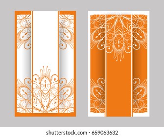 flyer, flyer, cover, pattern mandala. Oriental motif. Hand painted texture background. Set wedding invitations, postcards and business card templates. Decorative card design printing. Vector. EPS 10