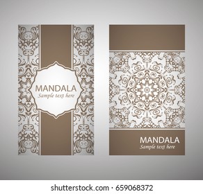 flyer, flyer, cover, pattern mandala. Oriental motif. Hand painted texture background. Set wedding invitations, postcards and business card templates. Decorative card design printing. Vector. EPS 10
