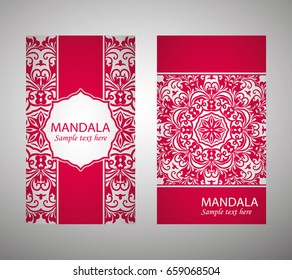 flyer, flyer, cover, pattern mandala. Oriental motif. Hand painted texture background. Set wedding invitations, postcards and business card templates. Decorative card design printing. Vector. EPS 10