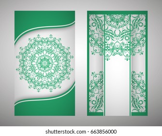 flyer, cover, pattern mandala. Oriental motif. Hand painted texture background. Set wedding invitations, postcards and business card templates. Decorative card design printing. Vector. EPS 10