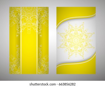 flyer, cover, pattern mandala. Oriental motif. Hand painted texture background. Set wedding invitations, postcards and business card templates. Decorative card design printing. 