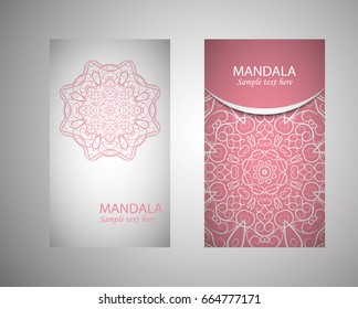 flyer, cover, pattern mandala. Oriental motif. Hand painted texture background. Set wedding invitations, postcards and business card templates. Decorative card design printing. Vector. EPS 10
