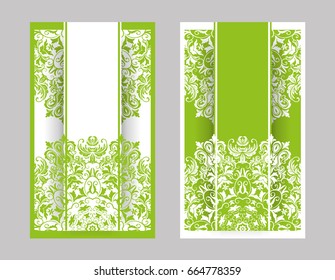 flyer, flyer, cover, pattern mandala. Oriental motif. Hand painted texture background. Set wedding invitations, postcards and business card templates. Decorative card design printing. Vector. EPS 10