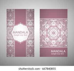 flyer, flyer, cover, pattern mandala. Oriental motif. Hand painted texture background. Set wedding invitations, postcards and business card templates. Decorative card design printing. Vector. EPS 10