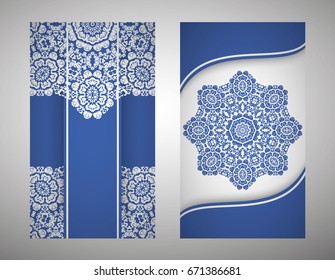 flyer, cover, pattern mandala. Oriental motif. Hand painted texture background. Set wedding invitations, postcards and business card templates. Decorative card design printing. Vector. EPS 10