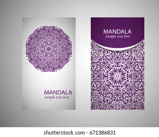 flyer, cover, pattern mandala. Oriental motif. Hand painted texture background. Set wedding invitations, postcards and business card templates. Decorative card design printing. Vector. EPS 10