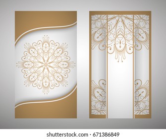 flyer, cover, pattern mandala. Oriental motif. Hand painted texture background. Set wedding invitations, postcards and business card templates. Decorative card design printing. Vector. EPS 10