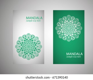 flyer, cover, pattern mandala. Oriental motif. Hand painted texture background. Set wedding invitations, postcards and business card templates. Decorative card design printing. Vector. EPS 10