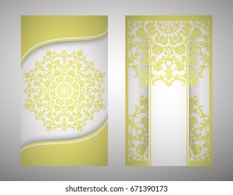 flyer, cover, pattern mandala. Oriental motif. Hand painted texture background. Set wedding invitations, postcards and business card templates. Decorative card design printing. Vector. EPS 10