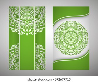 flyer, flyer, cover, pattern mandala. Oriental motif. Hand painted texture background. Set wedding invitations, postcards and business card templates. Decorative card design printing. Vector. EPS 10
