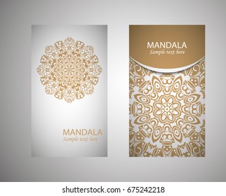 flyer, flyer, cover, pattern mandala. Oriental motif. Hand painted texture background. Set wedding invitations, postcards and business card templates. Decorative card design printing. Vector. EPS 10