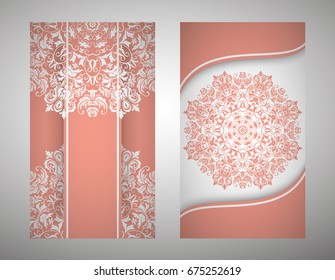 flyer, flyer, cover, pattern mandala. Oriental motif. Hand painted texture background. Set wedding invitations, postcards and business card templates. Decorative card design printing. Vector. EPS 10