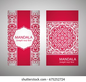 flyer, flyer, cover, pattern mandala. Oriental motif. Hand painted texture background. Set wedding invitations, postcards and business card templates. Decorative card design printing. Vector. EPS 10