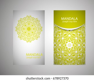 flyer, flyer, cover, pattern mandala. Oriental motif. Hand painted texture background. Set wedding invitations, postcards and business card templates. Decorative card design printing. Vector. EPS 10