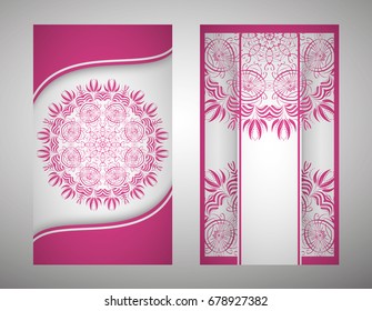 flyer, flyer, cover, pattern mandala. Oriental motif. Hand painted texture background. Set wedding invitations, postcards and business card templates. Decorative card design printing. Vector. EPS 10