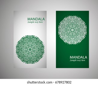 flyer, flyer, cover, pattern mandala. Oriental motif. Hand painted texture background. Set wedding invitations, postcards and business card templates. Decorative card design printing. Vector. EPS 10