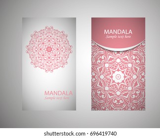 flyer, flyer, cover, pattern mandala. Oriental motif. Hand painted texture background. Set wedding invitations, postcards and business card templates. Decorative card design printing. Vector. EPS 10