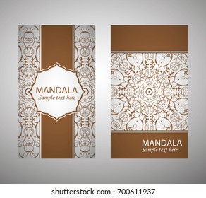 flyer, flyer, cover, pattern mandala. Oriental motif. Hand painted texture background. Set wedding invitations, postcards and business card templates. Decorative card design printing. Vector. EPS 10