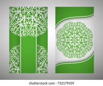 flyer, flyer, cover, pattern mandala. Oriental motif. Hand painted texture background. Set wedding invitations, postcards and business card templates. Decorative card design printing. Vector. EPS 10