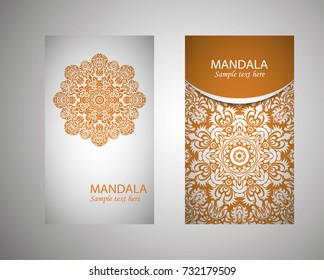 flyer, flyer, cover, pattern mandala. Oriental motif. Hand painted texture background. Set wedding invitations, postcards and business card templates. Decorative card design printing. Vector. EPS 10