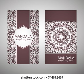 flyer, flyer, cover, pattern mandala. Oriental motif. Hand painted texture background. Set wedding invitations, postcards and business card templates. Decorative card design printing. Vector. EPS 10
