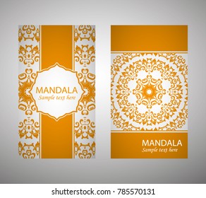 flyer, flyer, cover, pattern mandala. Oriental motif. Hand painted texture background. Set wedding invitations, postcards and business card templates. Decorative card design printing. Vector. EPS 10