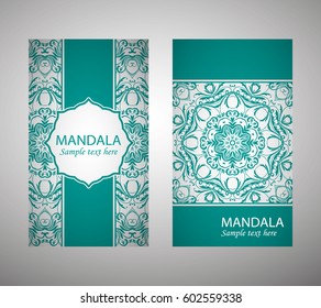flyer, flyer, cover, pattern mandala in teal. Oriental motif. Hand painted texture background. Wedding invitations, postcards and business card templates. Decorative card design printing. Vector. EPS 10