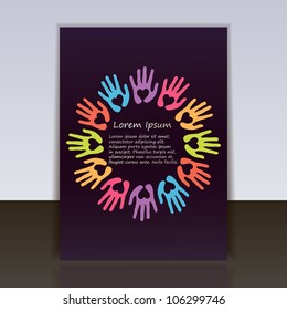 flyer or cover vector template with unity concept from hands with heart