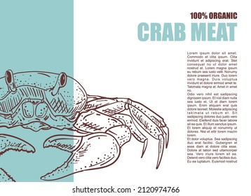 Flyer crab meat seafood. Crab hand drawing sketch and text. For restaurant menu or fish shop