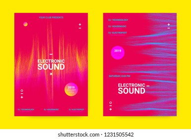 Flyer for Dance Event. Techno Sound Performance Wave Poster. Vector Music Equalizer Concept. Amplitude of Distorted Dotted Lines. Promotion of Night Event. Music Poster for Announcement of Dj Event.