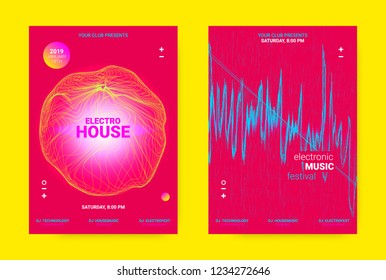 Flyer for Dance Event. Techno Sound Performance Wave Poster. Vector Music Equalizer Concept. Amplitude of Distorted Dotted Lines. Promotion of Night Event. Music Poster for Announcement of Dj Event.
