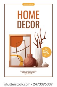 Flyer design with abstract poster  and vases. Interior design, home decor, cozy home concept. Vector illustration for banner, advertising, promo.