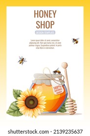 Flyer design, advertising banner with a natural useful product-honey. Honey shop, healthy and sweet products. Vector illustration of poster in a4 size for flyer, banner, postcard, poster, etc.