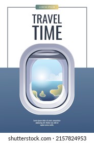 Flyer design with airplane window. Air travel, tourism, adventure, journey, airplane concept. A4 vector illustration, flyer, cover, banner template.