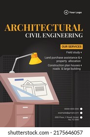 Diseño de volante de la plantilla de estilo de caricaturas de ingeniería civil arquitectónica. 