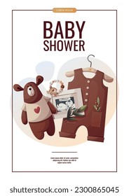 Flyer design with baby romper, teddy bear, ultrasound baby picture. Baby waiting, baby clothes, pregnancy, sonogram concept. A4 vector illustration for poster, banner, flyer, advertising.