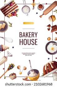 Flyer Design For Baking, Bakery Shop, Cooking, Sweet Products, Dessert, Pastry. A4 Vector Illustration For Poster, Banner, Card, Flyer, Cover, Menu, Advertising.