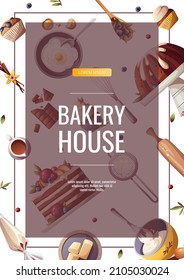 Flyer Design For Baking, Bakery Shop, Cooking, Sweet Products, Dessert, Pastry. A4 Vector Illustration For Poster, Banner, Card, Flyer, Cover, Menu, Advertising.