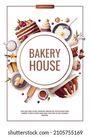 Flyer Design For Baking, Bakery Shop, Cooking, Sweet Products, Dessert, Pastry. A4 Vector Illustration For Poster, Banner, Card, Flyer, Cover, Menu, Advertising.