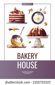 Flyer Design For Baking, Bakery Shop, Cooking, Sweet Products, Dessert, Pastry. A4 Vector Illustration For Poster, Banner, Cover, Flyer, Menu, Sale, Advertising.