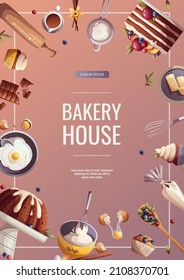 Flyer design for baking, bakery shop, cooking, sweet products, dessert, pastry. A4 Vector illustration for poster, banner, card, flyer, cover, menu, advertising.